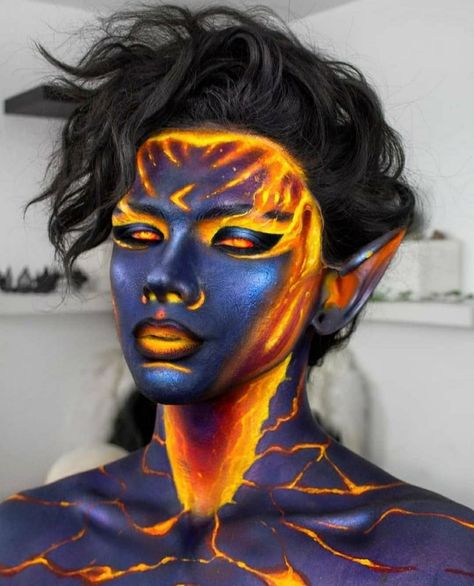 Lava Dress, Ice Woman, Ice Makeup, Dragon Makeup, Uv Makeup, Fire Makeup, Creative Halloween Makeup, Maquillage Yeux Cut Crease, Crystal Makeup