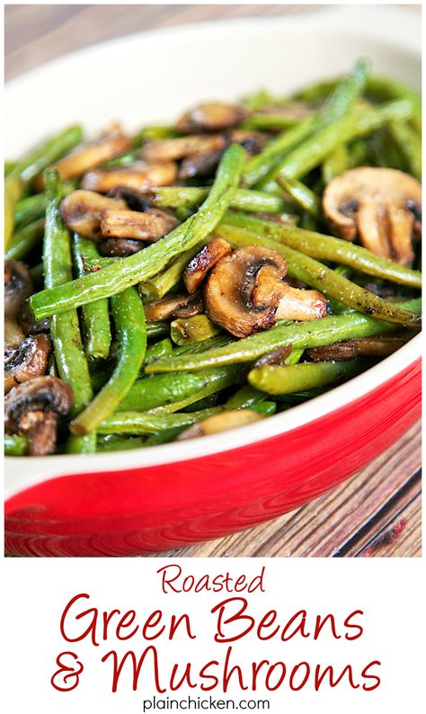 Roasted Green Beans and Mushrooms Recipe - fresh green beans and mushrooms tossed in olive oil, balsamic, garlic salt, pepper and baked. SO simple and SOOO delicious! Ready in about 20 minutes. Beans And Mushrooms Recipe, Roasted Green Beans And Mushrooms, Green Beans And Mushrooms, Southern Sides, Green Beans Mushrooms, Vegetable Recipe, Roasted Green Beans, Green Recipes, Healthy Thanksgiving