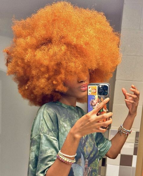 Orange Afro Hair Black Women, Orange Afro Hair, Fox Orange Hair, Orange Hair Bright, Ginger Afro, Orange Curly Hair, Afro Hair Dye, Afro Hair Types, Afro Hair Inspiration