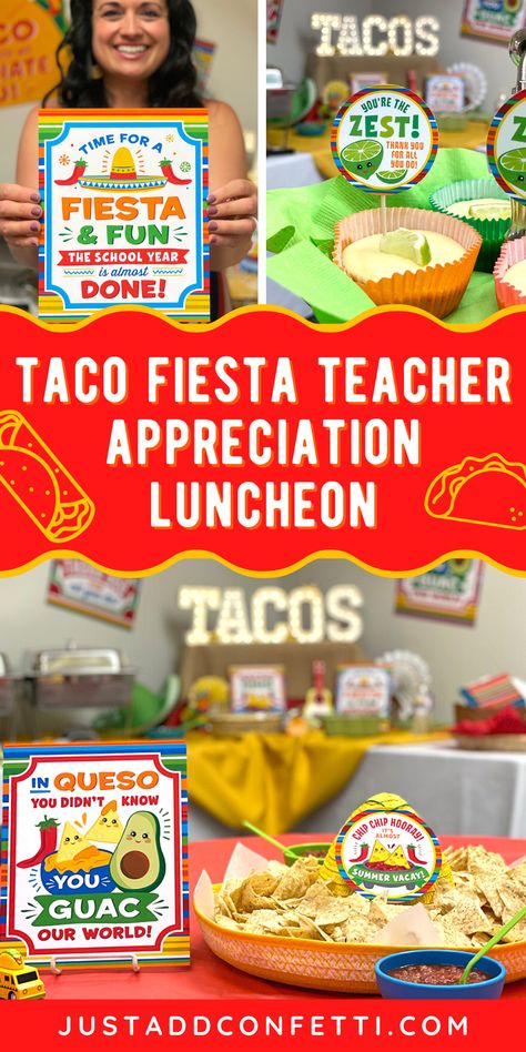 Taco 'bout FUN! Planning a PTA or PTO Taco Fiesta Teacher Appreciation luncheon? I've got you covered with a bunch of cute ideas and party printable designs. All of the printable designs are available in my Just Add Confetti Etsy shop. Also, be sure to head to justaddconfetti.com for even more teacher gift ideas for teacher appreciation and the end of the year! Taco Bar For Teachers, Taco Bar Teacher Luncheon, Teacher Appreciation Taco Bar, Taco Bout Teacher Appreciation, Taco Teacher Appreciation, Taco Teacher Appreciation Free Printable, Mexican Teacher Appreciation Theme, Teacher Appreciation Lunch Theme, Cinco De Mayo Teacher Appreciation Ideas