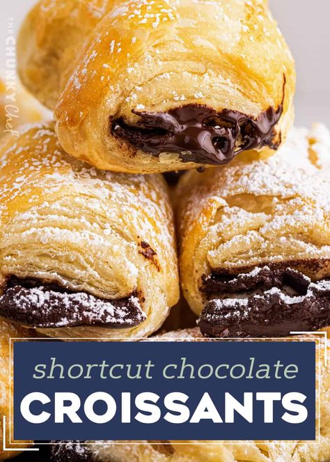 This shortcut version of the French classic, chocolate croissants, or pain au chocolat, is sinfully delicious right out of the oven! Store-bought puff pastry dough makes this recipe accessible to bakers of all confidence levels, and they're a perfect weekend breakfast treat! #chocolate #croissant #painauchocolat #baking Pain Au Chocolat Recipe, Puff Pastry Croissant, Chocolate Croissant Recipe, Puff Pastry Chocolate, Crossiant Recipes, Recipes Using Puff Pastry, Chocolate Croissants, The Chunky Chef, Chunky Chef