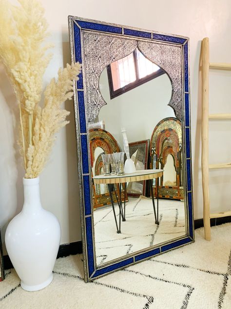 Blue Frame Mirror, Vintage Wall Mirror, Engraved Mirror, Handmade Mirror, Moroccan Mirror, Wall Decorative Mirror, Wall Decor Mirrors This Lovely stunning Moroccan mirrors will make your wall look astounding!! , Handcrafted by our Moroccan craftsman,  It serves as an eye-catching centerpiece for your living area thanks to its wonderful engraved frame. Hang this elegant centerpiece in any of your favorite living areas: it would look wonderful in any living room, entryway, bedroom, or dining room. Bedroom Mirror Blue, Moroccan Outdoor Mirror, Moroccan Full Length Mirror, Moroccan Mirror Wall, Gold Floor Mirror, Large Gold Mirror, Morrocan Wall Photo, Morrocan Wall Mirror, Vintage Wall Mirror