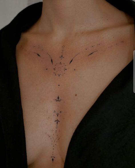 Body Chain Tattoo, Chest Ornamental Tattoo, Minimalist Chest Tattoo, Dainty Chest Tattoo Female, Clavicle Tattoos For Women, Ornamental Sternum Tattoo, Tattoo Clavicle, Chest Tattoo Designs Female, Feminine Back Tattoos