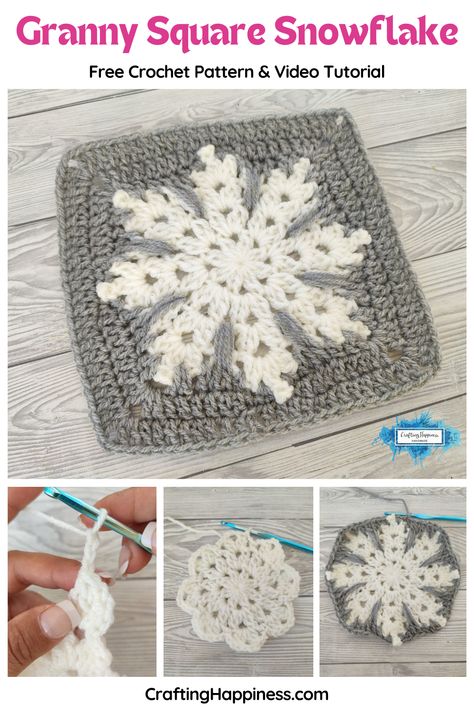 How to crochet Snowflake Square, free crochet pattern & tutorial great for beginners. Learn to crochet this on Crafting Happiness. Snowman Granny Square Pattern, Crochet Snowman Granny Square, Granys Crochet Squares Free Pattern, Snowflake Granny Square, Kindness Crochet, Crocheted Snowflakes, Diy Crochet Gifts, Crochet Granny Square Tutorial, Crochet Pattern Tutorial