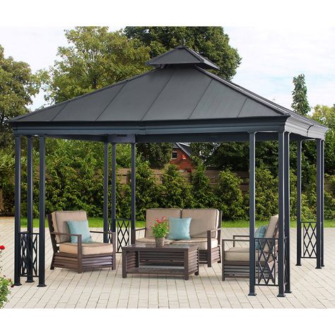 Sunjoy Waterford 12 Ft. W x 12 Ft. D Metal Permanent Gazebo | Wayfair Black Gazebo, Gazebo Lighting, Permanent Gazebo, Gazebo Decorations, Gazebo On Deck, Diy Gazebo, Gazebo Roof, Gazebo Ideas, Hardtop Gazebo