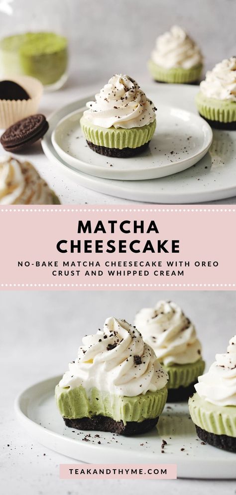 Cheesecake With Oreo Crust, Matcha Dessert Recipes, Oreo Crust Cheesecake, Matcha Cheesecake, Matcha Dessert, Green Tea Recipes, Matcha Recipe, Oreo Crust, Mini Cheesecakes