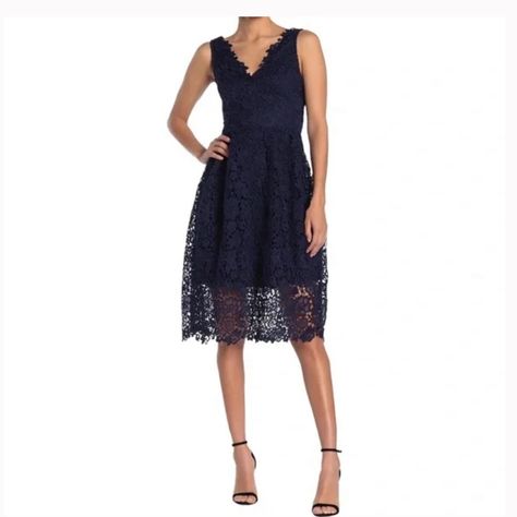 Astr The Label Navy Blue Sleeveless V-Neck Lace Fit & Flare Dress Size Xs A Stylish Lace Construction Adds A Lady-Like Style To This V-Neck Fit & Flare Dress From Astr The Label. Nordstrom Hang Tag Still Attached, No Brand/Price Tags Size: Xs Color: Navy Blue V-Neck Sleeveless Back Zip Closure Lace Construction Partial Lining Imported Dry Clean Shell/Lining: 100% Polyester Wedding Guest Dress Party, Wedding Guest, Wedding, Dinner, Function, Date Night, Cocktail, Wedding Guest Dress, Bachelorette Lady Like Style, Lace Wedding Guest Dress, Astr The Label, Midi Sheath Dress, Neck Label, Navy Lace, Lace Midi, 70 Dress, Lace Midi Dress