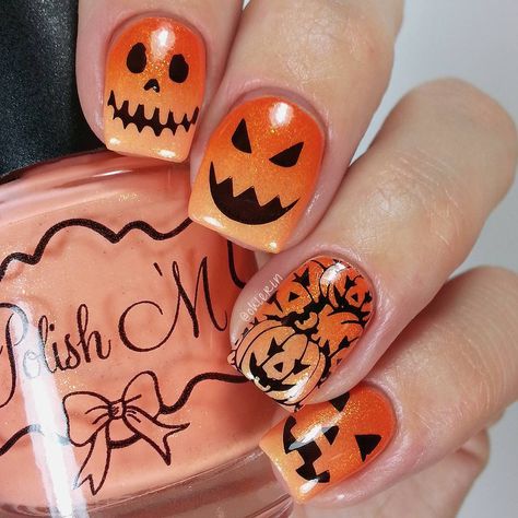 Halloween Jack-o-lantern nail art Jackolantern Nails, Halloween Toe Nails, Halloween Toes, Halloween Nail Art Tutorial, Pumpkin Nail Art, Nail Art Halloween, Halloween Acrylic Nails, Nail Art Pictures, Pumpkin Nails