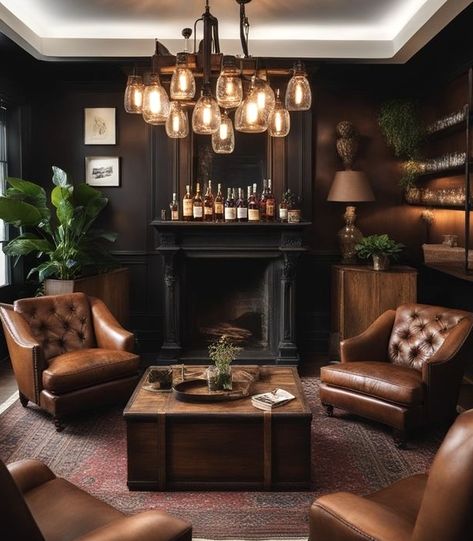 Home Gentlemans Lounge, Whiskey Lounge Room, Home Office Cocktail Room, Gentlemans Lounge Decor, Bourbon Lounge Room, Moody Entertainment Room, Dark Academia Lounge Room, Moody Home Library Office, Whisky Room Interior Design