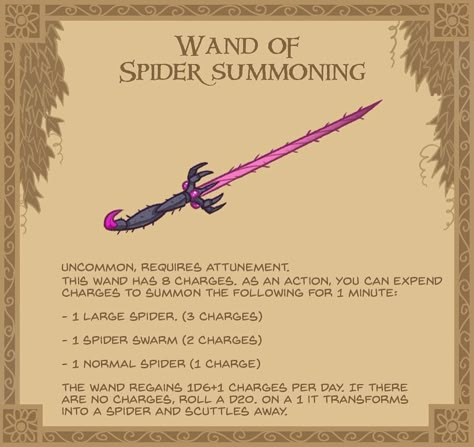 3. Wand of Spider Summoning 🕷 - The mandibles on this wand twitch and chitter. As you grasp it, you feel the hairs on your arm stand on end... #spiders #dnd #dungeonsanddragons #wand #magic #d20 #gaming #tabletop #creepy Dnd Loot, Guerriero Samurai, Homebrew Items, Rpg Items, Dnd Magic Items, Dnd Magic, Dungeon Master's Guide, Dnd Homebrew, Fantasy Items