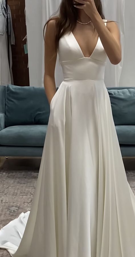 Plane White Wedding Dress, Satin Deb Dress, Wedding Dress V Neck A Line, Simple High Neck Wedding Dress, Classic Wedding Dress Satin, Wedding Dress For Wide Shoulders, Wedding Dress Styles Chart Body Types, White Plain Wedding Dress, Ballgown Wedding Dress Simple