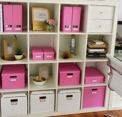 Boxes and bins are fantastic for organizing your Mary Kay office. I have sections for product samples; order sheets; office supplies; gift wrapping supplies; and more. Color coordination is just a bonus <3 Organised Office, Pink Organization, Angie Bellemare, Pink Home Offices, Office Ikea, Desk Pink, Pink Boxes, Kallax Shelving, Ikea Kallax Shelf