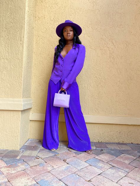 Slay with an all purple monochromatic look! Purple Monochromatic, Purple Outfit, Purple Outfits, Dyed Hair, Women's Blazer, Dye, Blazer, Purple, Yellow