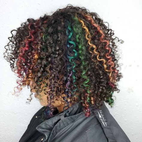 Brown Rainbow Hair, Rainbow Highlights, Brown Rainbow, Curly Color, Dyed Curly Hair, Hot Pink Hair, Highlights Curly Hair, Under 100 Calories, Peekaboo Hair