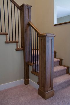 Craftsman Staircase Design Ideas, Pictures, Remodel and Decor Rustic Wood Railings For Stairs, Craftsman Style Newel Post, Craftsman Style Stair Railing, Craftsman Stair Railing Ideas, Craftsman Banisters And Railings, Hallway Railing Ideas, Craftsman Style Staircase, Stair Newel Post Ideas, Shaker Style Staircase