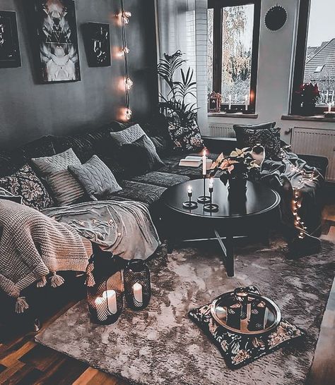 What Are The Different Styles Of Decor, Black House Living Room, Black Walls House, Boho Goth Living Room, Room With Black Walls, Black Wall Living Room, Witchy Apartment, Black Living Room Ideas, Goth Living Room