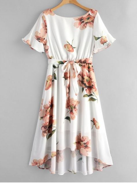 Shop for Flower Print Belted High Low Dress WHITE: Midi Dresses L at ZAFUL. Only $25.72 and free shipping! Flower Print Frock, Designs Dress, White Flower Print, Chique Outfits, Trendy Fashion Tops, Fashion Attire, Lovely Clothes, Work Outfits Women, Girls Fashion Clothes