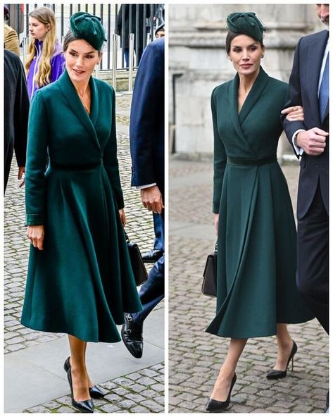 Queen Letizia in emerald green for Prince Philip Service of Thanksgiving Forest Green Coat, Kate Middleton Style Dresses, Duke Of Edinburgh Award, Working Outfit, Queen Margrethe Ii, Old Hollywood Style, Kate Middleton Style, Prince Philip, Church Outfits