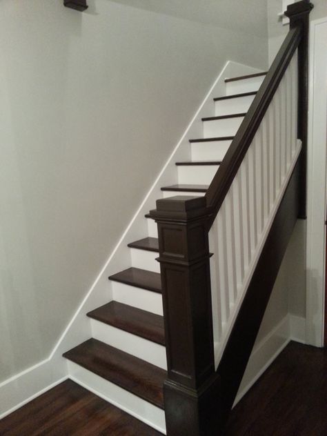 Refinishing stairs. Dark stain, white risers. Antique Walnut finish. Refinish Staircase, Trap Makeover, Staining Stairs, Stained Staircase, Banister Remodel, Stairs Makeover Design, Diy Stairs Makeover, Diy Staircase Makeover, Stairs Makeover Ideas