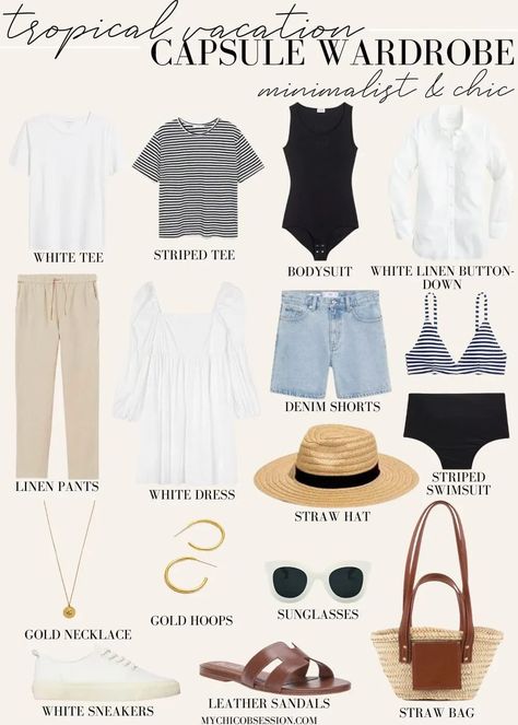 If you’re after a better way to pack without sacrificing style, then keep reading for a minimalistic and chic tropical vacation capsule wardrobe. #tropicalvacationoutfits #vacationstyle Minimalist Summer Vacation Outfit, Neutral Wardrobe Outfits Summer, Minimalist Vacation Packing, Tropical Travel Capsule Wardrobe, Carribean Vacation Capsule Wardrobe, Capsule Beach Wardrobe, Beach Outfit Capsule, Mexico Vacation Capsule Wardrobe, Caribbean Capsule Wardrobe