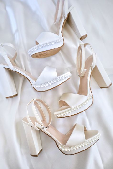 Pearly White Heels, White Satin Platform Heels, Comfy Wedding Heels, Pearl Heels Brides, White Pearl Heels, Bridal Shoes Block Heel, White Chunky Heels, Wedding Dress And Shoes, Sandals With Pearls