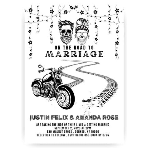 Black and White Personalized Motorcycle Skull Wedding Invitations Grunge Gothic Custom For Any Event Biker Wedding Ideas, Motorcycle Wedding Invitations, Black And White Grunge, Motorcycle Wedding, Biker Wedding, White Grunge, Skull Wedding, Event Branding, Future Wedding Plans