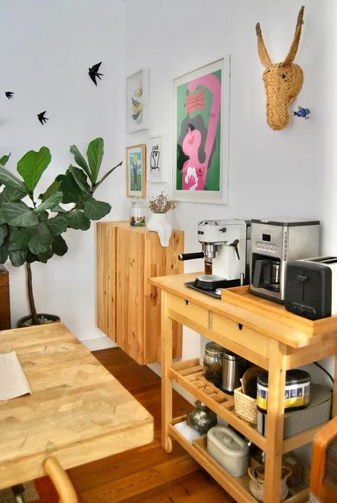 13 Smart, Small-Space Coffee Bar Ideas That Don’t Sacrifice Style | Apartment Therapy Small Breakfast Bar, Apartment Dining Area, Coffee Bar Cart, Living Arrangements, Lisbon Apartment, Coffee Bar Station, Coffee Stations, Coffee Bar Ideas, Coffee Cart