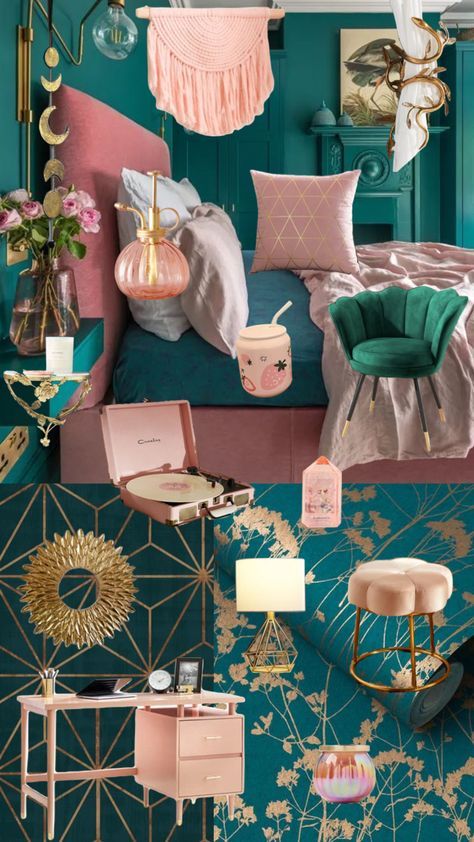 #interiordesign #homedecor #teal #pink #gold #cute Pink Teal Black Bedroom, Teal Wall Bedroom Decor, Teal Velvet Bedroom Ideas, Teal Dressing Room, Teal And Leopard Bedroom, Teal And Rose Gold Bedroom, Teal Blush Bedroom, Teal Gold And Pink Bedroom, Turquoise Pink And Gold Bedroom