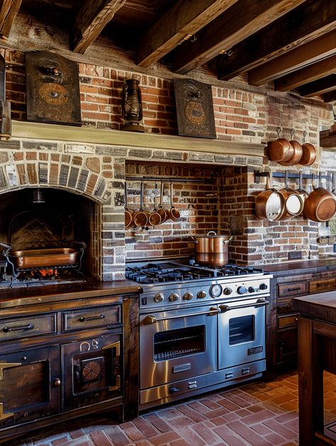 Cozy Farmhouse Kitchen: Brick Oven and Copper Kitchen Tools