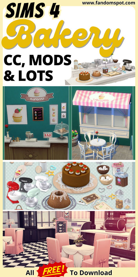 A collection of custom bakery-themed CC and lots for your next TS4 session! Sims 4 Bakery Mod, Coffee Shop Cc Sims 4, Sims 4 Cc Bakery Furniture, Sims 4 Functional Bakery Cc, Sims 4 Baking Mod, Ts4 Retail Cc, Sims 4 Cc Bakery Clutter, Sims Bakery Cc, Ts4 Bakery Cc