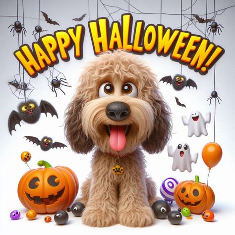 Fun Dog Art Happy Halloween Meme, Happy Halloween Dog, Halloween Memes, Fun Dog, Halloween Animals, Goldendoodle, Pet Grooming, Birthday Quotes, Dog Art