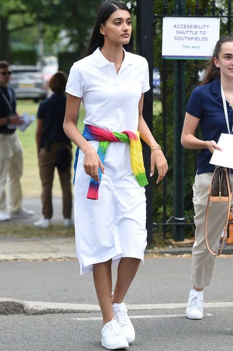 Neelam Gill wearing a polo dress and trainers | For more style inspirations visit 40plusstyle.com Polo Dress Outfit Casual, Dress With Cardigan Outfit, Polo Dress Outfit, Dress And Trainers, White Polo Dress, Neelam Gill, Wide Leg Trousers Outfit, Preppy Monogram, Beyonce Outfits