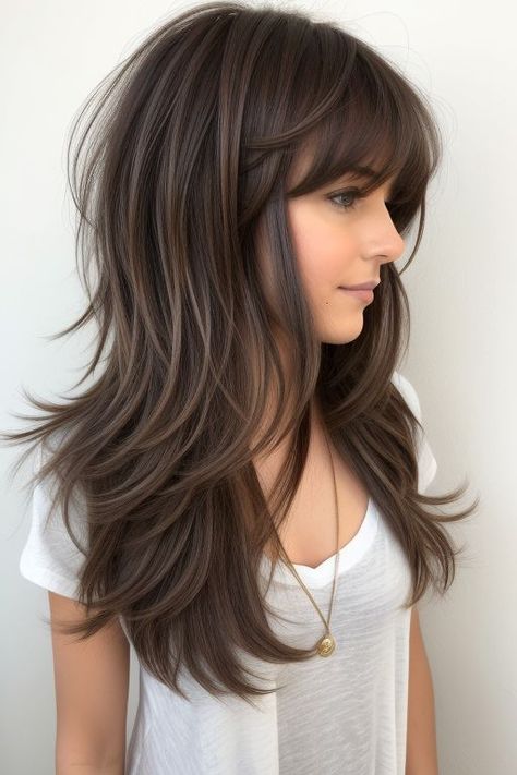 26+ Long Hairstyles With Bangs 2 Long Bangs With Medium Hair Layers, Bangs And Layers Long Hair, Subtle Bangs Long Hair, Layered Hairstyles For Straight Hair, Shag Haircuts For Women, Long Hairstyles With Bangs, Shag Hairstyle, Curly Hair Ideas, Rambut Brunette