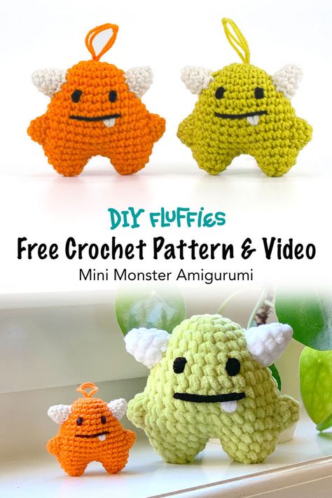 Free crochet pattern on www.mariskavos.nl, great for beginners. Learn how to crochet with the DIY fluffies Patterns and video's. Monster Keychain, Monster Amigurumi, Crochet Monsters, Crochet Cat Pattern, Mini Monster, Crochet Design Pattern, Learn How To Crochet, Holiday Crochet, Fun Crochet Projects