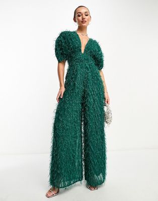 ASOS DESIGN fluffy plunge jumpsuit in green metallic - Best Deals You Need To See Fun Formal Outfits, Gvf Outfit, Plus Size Cocktail Attire, Plus Size Formal Jumpsuit, Pants Wedding Guest Outfit, Moody Garden, Wedding Romper, Gala Attire, Outfit Options