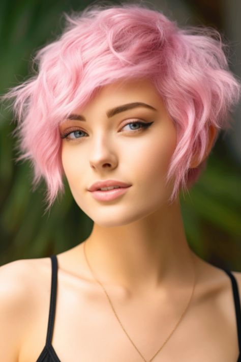 Show off your style with an asymmetrical pixie in a pastel pink shade. This haircut draws attention to your face. Click here to check out more cute pixie haircuts trending for 2023. Pixie Pink Highlights, Pink Pixie Haircut, Trending For 2023, Edgy Pixie Hairstyles, Short Wavy Pixie, Haircuts Trending, Cute Pixie Haircuts, Pink Pixie, 2024 Hairstyles