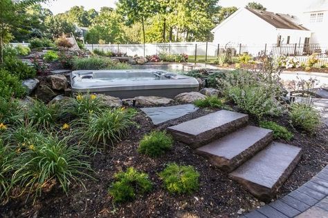 Arizona Landscaping, Spa Landscaping, Hot Tub Steps, Sunken Hot Tub, Backyard Spa, Hot Tub Landscaping, Hot Tub Surround, Hot Tub Designs, Hot Tub Patio