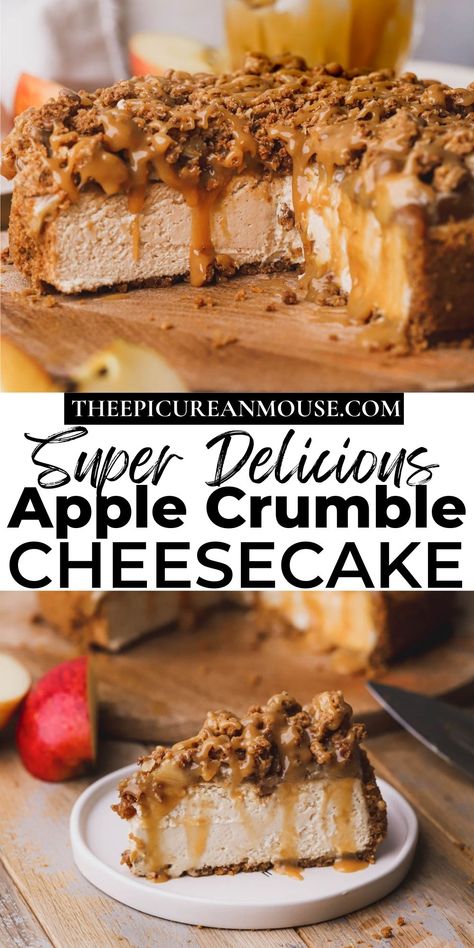 Caramel Apple Crumble Cheesecake, Cheesecake Flavors, Apple Cheesecake Recipes, Apple Crumble Cheesecake, Recipes For Winter, Crumble Cheesecake, Birthday Cheesecake, Caramel Apple Cheesecake, Oat Crumble