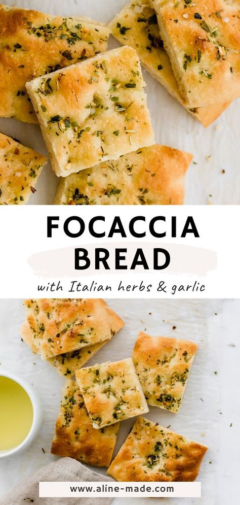 Homemade Focaccia Bread with Herbs, Garlic, and Olive Oil! A simple yet delicious Italian bread recipe for every occasion. #focaccia #bread #recipe #easy #Italian #homemade Focaccia Bread Garlic, 1 Day Foccacia Bread, Garlic Focaccia Bread Recipe, Focaccia Bread Recipe Easy Fast, Garlic And Herb Foccacia Bread, Authentic Focaccia Bread, Ficattia Bread, Faccocia Breads, Basil Foccacia Bread Recipes