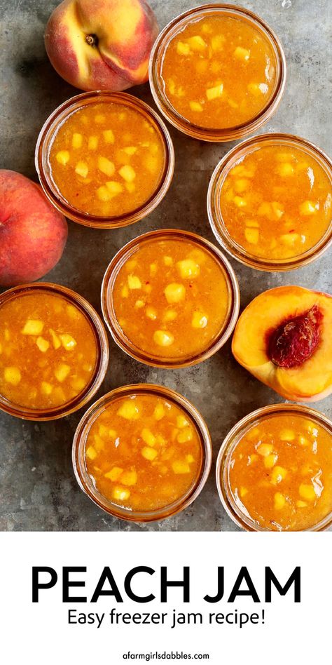 Peach Freezer Jam Recipe, Peach Freezer Jam, Summer Entertaining Recipes, Refrigerator Jam, Donut Peach, Freezer Jam Recipes, Jam Recipes Homemade, Freezer Jam, Peach Jam