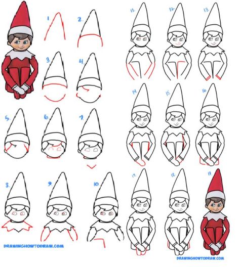 20 Easy Christmas Drawing Ideas To Keep Kids Indoor Draw Elf On A Shelf, Christmas Drawing Kids Easy, Christmas Elf Drawing Sketches, Elf On The Shelf Drawing Ideas, Christmas How To Draw, How To Draw An Elf, Easy Elf Drawing, How To Draw Christmas, Christmas White Board Ideas