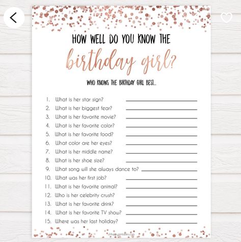 Fun Birthday Games, Birthday Trivia, Printable Birthday Games, Drink If Game, 30th Birthday Games, Pusheen Birthday, Rose Gold Birthday, Luau Baby Showers, Rose Gold Theme