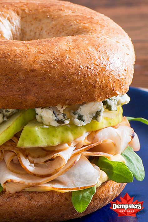 This Turkey, Pear and Blue Cheese Bagel Sandwich adds a lot of flavour to your lunchtime routine. It starts with a Dempster’s® 100% Whole Wheat Bagel, and is then layered with sweet pear, turkey and creamy blue cheese crumbles for decadent texture and flavour. Serves one. Pear Turkey, Cheese Bagel Sandwich, Pear And Blue Cheese, Blue Cheese Crumbles, Whole Wheat Bagel, Cheese Bagels, Bagel Sandwich, Whole Wheat, Blue Cheese