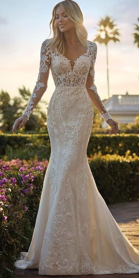 15 Wedding Dress Designers You Need To Know :heart: wedding dress designers lace with long sleeves fit and flare houseofstpatrick :heart: #weddingdresses #mermaidweddingdress #laceweddingdress Demetrios Wedding Dress, Demetrios Bridal, Silver Cocktail Dress, Fit And Flare Wedding Dress, Dream Wedding Ideas Dresses, Fitted Wedding Dress, Sleeve Wedding Dress, A Wedding Dress, Long Sleeve Wedding