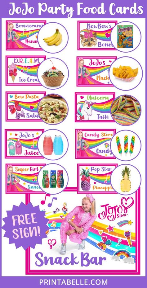 JoJo Siwa Birthday Party Printable Food Cards & Snack Bar | Printable Party Games and more Jojo Siwa Birthday Party, Printable Party Games, Shopkins Birthday Party, 7th Birthday Party Ideas, Jojo Jojo, Jojo Siwa Birthday, Food Cards, Shopkins Party, Shopkins Birthday