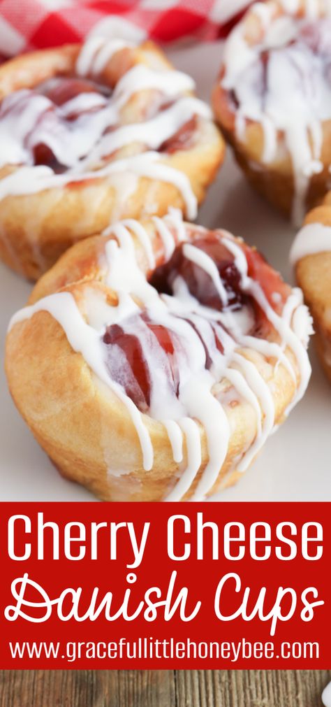 Try these Cherry Cheese Danish Cups for a quick, easy and delicious dessert that is full of the sweet, fruity flavor that everyone is sure to enjoy! Find full recipe details at gracefullittlehoneybee.com Cresent Roll Desserts, Cherry Cheese Danish, Cherry Danish, Dessert Favorites, Desert Bars, Toast Recipe Breakfast, Danish Recipes, American Sweets, Cheese Bars