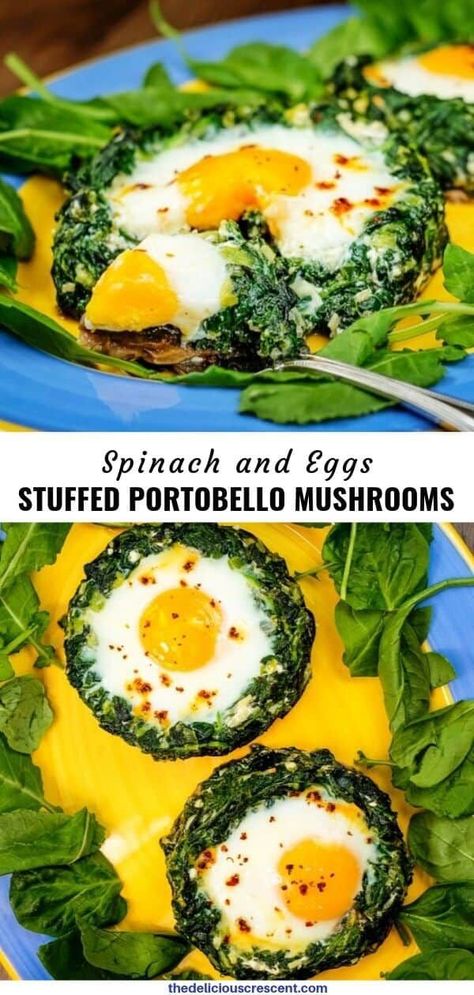 Egg And Spinach, Stuffed Portobello Mushrooms, Stuffed Portobello, Spinach Egg, Vegetarian Dish, Low Carb Appetizers, Sauteed Spinach, Low Carb Vegetarian, Sauteed Veggies