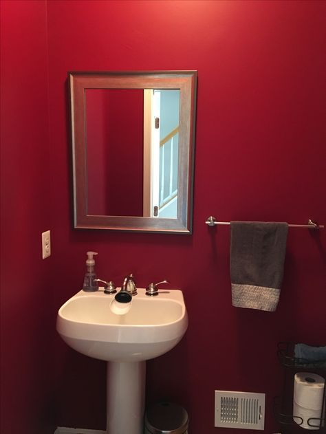 Behr Dark Crimson in powder bathroom Behr Dark Crimson, Dark Bathroom Colors, Bathroom Colors Behr, Bathroom Wall Colors, Basement Finish, Glamorous Bathroom Decor, Dark Bathroom, Colored Walls, Powder Bathroom