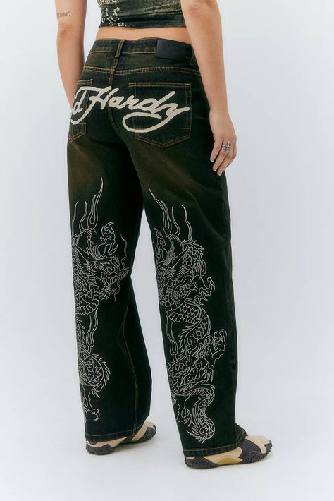 Ed Hardy UO Exclusive Embroidered Dragon Jeans | Urban Outfitters UK Embroidered Jeans Outfit, Ed Hardy Outfit, Dragon Jeans, Jeans Urban Outfitters, Embroidered Dragon, Estilo Harajuku, Urban Outfitters Jeans, Streetwear Mode, Estilo Denim