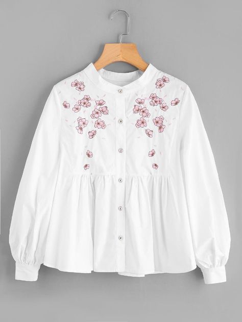 Symmetrical Blossom Embroidery Smock Top -SheIn(Sheinside) Smock Shirt, Fashion Tops Blouse, Trendy Fashion Tops, Muslimah Fashion Outfits, Stylish Dresses For Girls, Fashion Attire, Designs For Dresses, Indian Fashion Dresses, Girls Fashion Clothes